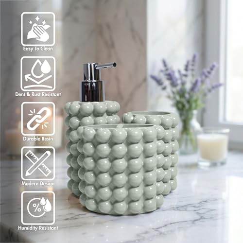 Better Trends Bathroom Accessories Set 3 Pieces Resin Bubble Textured Soap Dispenser, Toothbrush Holder & Tumbler for Vanity, Kitchen Sink & Countertop Organization Dark Sage Nova Collection - color: Dark Sage