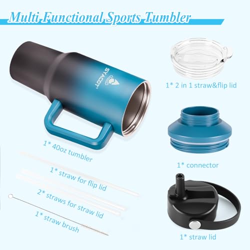 40 oz Tumbler with Handle and Straw or Convert to 40 oz Insulated Water Bottle Fits in Cup Holder. Stainless Steel Metal Water Flask with 2 Lids for Travel,Camping,Gym Sports Coffee Mug Thermal Cup - color: Indigo Black