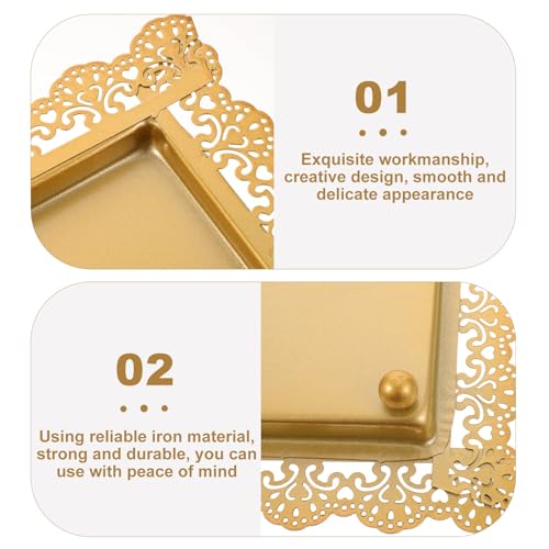 Ipetboom Rectangular Iron Serving Tray Decorative Food Plate with Hollow Lace Edge Gold Finish Multi-functional Fruit and Snack Display Dish for Home Entertaining