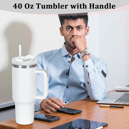 4 Pack 40 Oz Tumbler with Handle Bulk, Double Wall Vacuum Insulated Stainless Steel Tumbler with Lid and Straw, 40 oz cup with Silicone Spill Proof Stopper Set (White) - color: White
