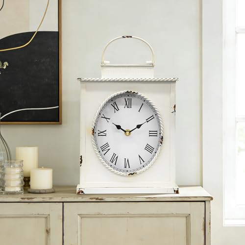 Vintage Mantel Clock, Large Rustic Distressed Metal Table Clock with Handle, Silent Non-Ticking Quartz Movement, Whitewashed Fireplace Shelf Desk Clock for Living Room Bedroom Office - style: White Clock