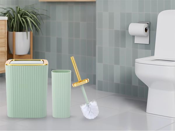 9 PCS Green Bathroom Accessories Set with Trash Can Bathroom Accessory | All-in-One Kit with Trash Can,Toothbrush Holder,Soap Dispenser,Toothbrush Cup,Vanity Tray,Soap Dish,Toilet Brush etc for Home - color: Lightgreen
