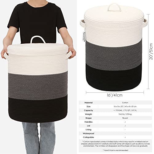 Sea Team Large Woven Cotton Rope Laundry Basket with Lid, 20 x 16 in | Collapsible Knitted Hamper with Handles, Lidded Closet Shelf Organizers for Clothing, Blankets, Toys, Bedding, Black - color: White & Black