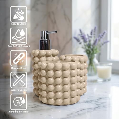 Better Trends Bathroom Accessories Set 3 Pieces Resin Bubble Textured Soap Dispenser, Toothbrush Holder & Tumbler for Vanity, Kitchen Sink & Countertop Organization Sand Nova Collection - color: Sand