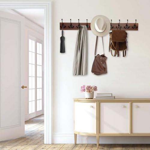 IBosins Brown Wood Wall Mounted Coat Rack, 34" Long with 10 Black Tri-Hooks | Burnt Finish Heavy Duty Wood Coat Hanger, Rustic Coat Hooks Rail for Entryway, Living Room, Coat, Scarf, Bag, Towel, Hat - color: Brown Wood Plate & Black Tri-Hook, size: 1 Item