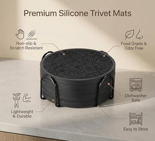 Absorbent Coasters for Drinks with Holder - 6packs, Silicone Coaster with Soft Felt Insert, Black (Coasters with Holder, Black) - color: Black