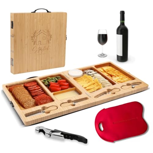 Charcuterie Boards Set, Large Bamboo Cheese Board, Red Bag | Charcuterie Accessories, Wooden Cheese Platter, Foldable, House Warming Gifts, New Home and Wedding Gifts - color: Luxe Set (Red)
