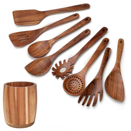 9 PCS Kitchen Utensils Set - Wooden Spoons for Cooking, Natural Teak Wooden Utensils - Includes Wooden Spoons, Spatula Set, Slotted Spoon - Handmade Wooden Spoon Set | Heat Resistant, Non-Scratch, Safe for Nonstick Pan, Easy to Clean, Daily Cooking Use,Sm