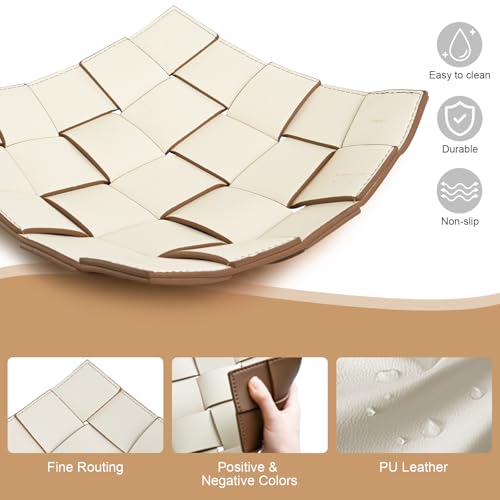 Valet Tray PU Leather Key Bowl for Men Women Entryway Table Nightstand Catchall EDC Dump Tray for Wallet, Keys, Jewelry Men's Gift - Coffee & White, 9.8" L x 9.8" W x 2" H - color: Coffee + White