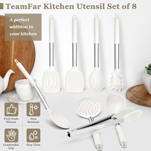 TeamFar Kitchen Utensils Set of 8, Silicone Utensils Kitchen Tools-White | Stainless Steel Handle, for Nonstick Cookware Cooking Stirring Turning, Food Grade & Heat Resistant, Dishwasher Safe - White - color: White