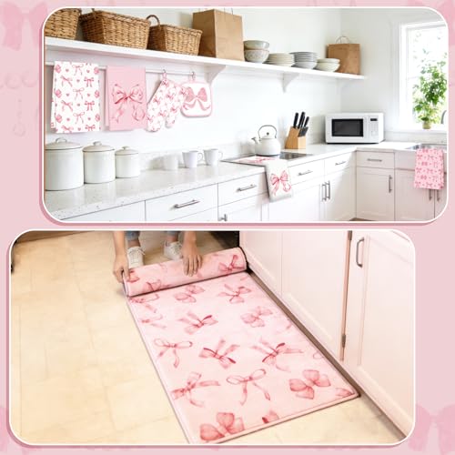 JarThenaAMCS 10Pcs Pink Bow Kitchen Dish Towels Rugs Oven Mitts and Pot Holders Set Farmhouse Kitchen Decor Set for Women Mom Daughter Gift Cooking Baking Home Housewarming Party Favors Supplies
