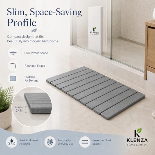 Stone Bath Mat, Quick Dry Foldable Diatomaceous Earth, 24 x 16, Grey | 23.6 x 15.3 in grey stone bath mat with foldable design, anti-slip pad and included sandpaper.