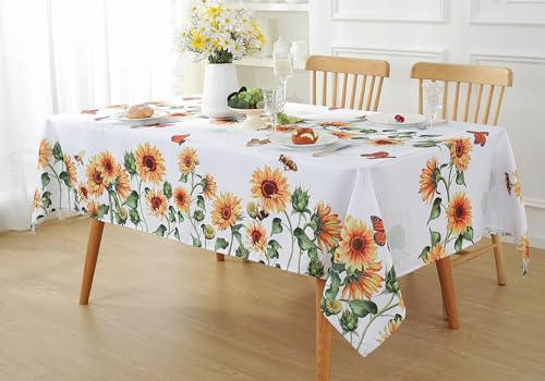 SASTYBALE Sunflower Tablecloth, White, 60x120 Inch Rectangle | Polyester, Spill-Proof, Dust-Proof, Wrinkle-Free, Spring Summer Garden Parties - color: Sunflowers, size: 120" x 60" (Rectangular)