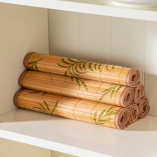 LOVECASA Placemats Set of 6, Bamboo Table Mats Set with Leaf Pattern, 18'' × 12'' Woven Placemat, Washable Heat-Resistant Place Mats for Kitchen, Brown Leaf - color: Brown