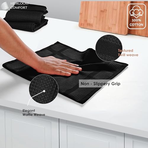 12 Pack Black Waffle Weave Kitchen Towels, 16x26 Inch, 100% Cotton Dishcloth Set, Super Absorbent, Fast Dry, Teal Towels, Soft Hand Towel, Dish Rags, Wash Cloth, Cleaning, Durable - color: Black, style: 12 Pack
