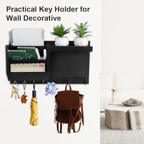 Key Holder for Wall Decorative, Wooden Mail Holder Wall Mount Organizer, Key and Mail Rack Key Hooks with Chalkboard and 2pcs White Pens for Home Entryway Hallway Doorway(Black)