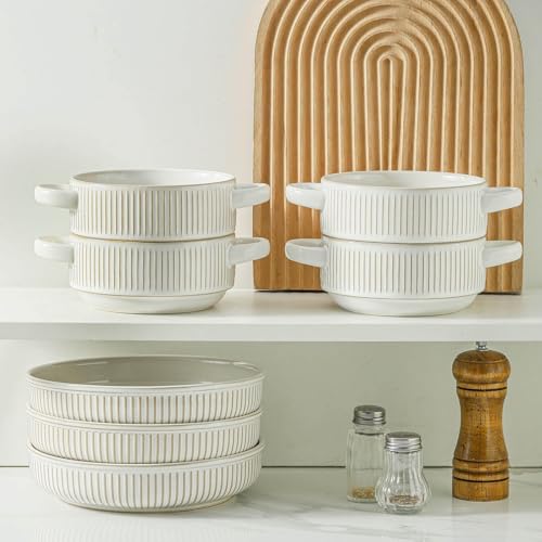 Soup Bowls with Handles, 23 oz French Onion Soup Crocks, Stackable Soup Bowl Oven Safe for Chili, Beef Stew, Embossment Ceramic Bowl Set - 5.4 Inch, Set of 4,Blue - color: White