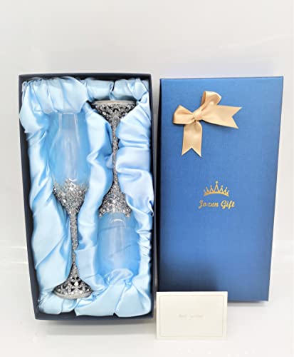 Champagne Flutes - Crystal Glass Metal Base With Crystal Stones, Set of 2 Toasting Flute Pair, Wedding Anniversary Party Birthday Banquets and Gifts for Bride and Groom(Silver) - color: Silver