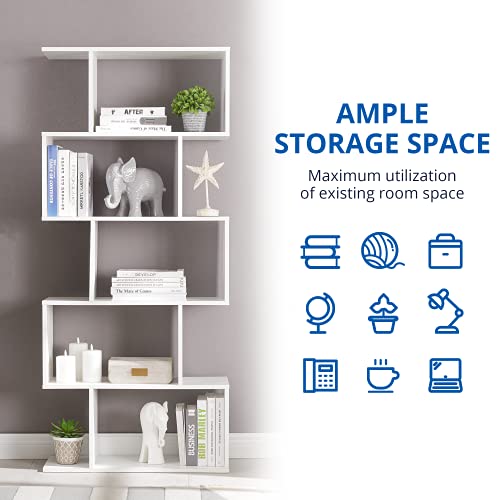 Set of 2 Geometric Bookcase, S-Shaped Modern Bookshelf, Room Divider Bookshelf, 62" Tall Unique Abstract Bookcase with 5-Tier Display Shelf for Living Room Office, White - color: White