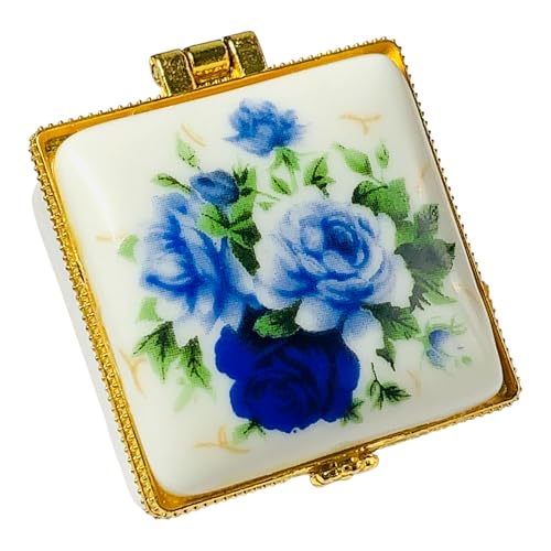 Tiny Square Porcelain Trinket Box | Blue Rose Bouquet | French Style Gift Box with Velvet Bag - style: Blue Rose Bouquet Square