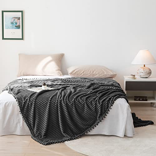 DISSA Fleece Blanket Twin Size – 60x80, Dark Grey – Soft, Plush, Fluffy, Fuzzy, Warm, Cozy – Perfect Throw for Couch, Bed, Sofa - with Pompom Fringe - Flannel Blanket Throw Blanket - color: Dark Grey, size: 60x80"
