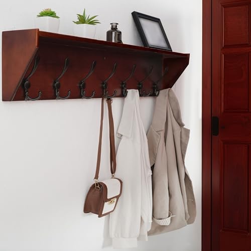 WEBI Coat Rack Wall Mount with Shelf,35" Long Wall Shelf with Hooks Underneath,7 Triple Hooks for Entryway,Hallway,Bedroom,Cherry - color: Cherry, size: 35 Inch