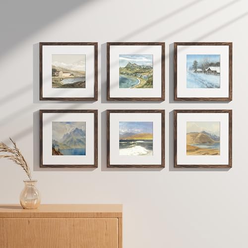 Vittanly 12x12 Picture Frames Set of 9, Shatter Resistant Plexiglass, Display 8x8 Pictures with Mat or 12x12 without Mat, Photo Frames for Wall Mount, Engineered Wood, Brown | Display Pictures 8x8 with Mat or 12x12 without Mat for Wall Mounting, Square Ph