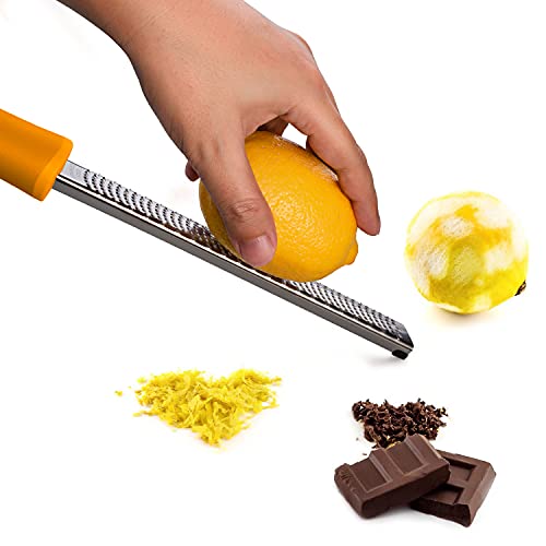 8-Inch Lemon Zester & Cheese Grater, 18/8 Stainless Steel, Orange | Fine 18/8 Stainless Steel Blade for Citrus, Parmesan, Ginger and Garlic, Soft Non-slip Handle, Cover, Dishwasher Safe - color: B-Orange