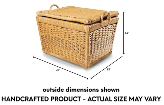 The Basket Lady Lift-Off Lid Wicker Storage Basket, M, Sandstone | Outside: 20" L x 15" W x 14" H | Inside: 17.5"L x 12"W x 11"H - Handcrafted by artisans from natural rattan - color: Sandstone, size: Medium