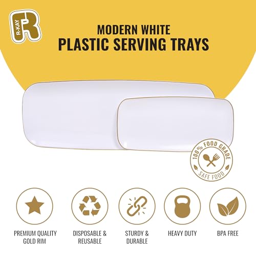 R-kay 4 Pack Plastic Serving Trays - White & Gold - 17 x 6.5 in - Heavy Duty Dessert Trays - Rectangular Party Platters - color: White And Gold, size: 17 Inch