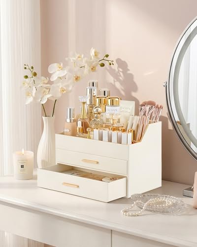 Lolalet Makeup Organizer for Vanity Desk, 3-Layer PU Leather Luxury Make Up Storage Cosmetics Holder Box with Drawers -Beige - size: 3-Layer