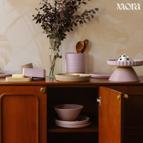 Mora Medium Dishes Set of 4, 35oz Ceramic Pottery Pasta Plate/Wide Bowls - Microwave, Oven and Dishwasher Safe - Horizon - color: Horizon