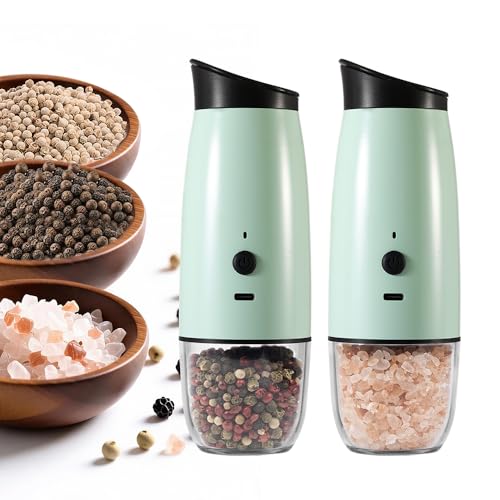2 PCS Rechargeable Gravity Electric Salt and Pepper Grinder Set Shakers Automatic Grinders Adjustable Coarseness Mill Grinder Set with 3.5oz 90ml Capability size 2.4x7 inches Charging By USB