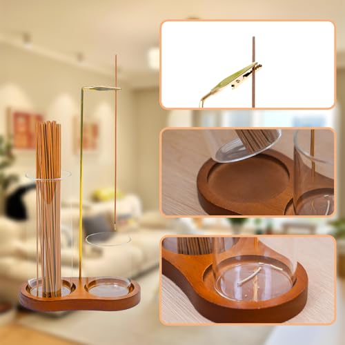 Modern 2-in-1 Incense Holder with Glass Ash Catcher, Featuring a Wood Tray, Metal Rod & 2 Glass Cups for Organized Burning. Perfect for a Clean Desk, Zen Meditation, Yoga and Home Decor
