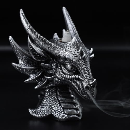 JORAE Breathing Dragon Head Figurine with Backflow Incense Burner | Dragon Smoking Statue Gothic Collectible Sculptures Home Decor Table Aromatherapy, Polyresin, Silver