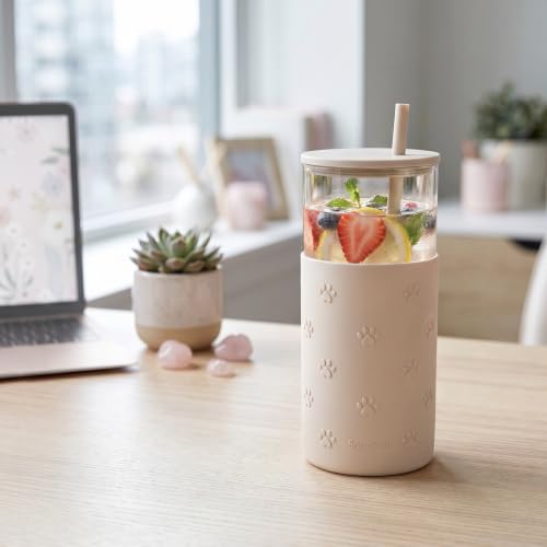 SANDJEST Glass Water Bottle with Silicone Sleeve 20oz, Glass Tumbler with Straw and Lid, Smoothie and Iced Coffee Cup, Pawprint Gifts for Women Teen Girls Birthday Christmas - color: Pawprint