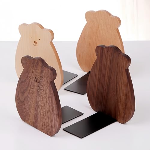 2-Pack Panda Beech Bookends, 5.9x4.7in | Solid Wood, Natural Grain, Non-Slip Base, Detachable, for Shelves/Desk/Kids Room - color: Beech Wood Panda