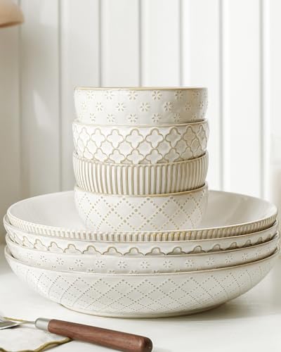 getstar Pasta Bowls, Large Salad Serving Bowls (7.6 inch & 22 oz), Ceramic Bowl Plates Set of 4, Farmhouse Embossments, Microwave and Dishwasher Safe - size: 7.6"/22oz