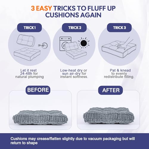 Recliner Cushions with Lumbar Support Pillow Set for Elderly | 20x20x5 Inch Recliner Seat Cushion Tufted, Large Square Seat Cushion Non-Slip Reduce Hip & Lumbar Pain - color: Light Grey Seat&lumbar