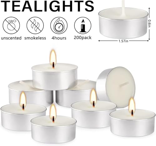 200 Pack,4 Hour Long time Burning,Unscented Tea Lights Candles,White, Smokeless, Dripless,for Weddings, Home, Pool,Shabbat - color: 200 White