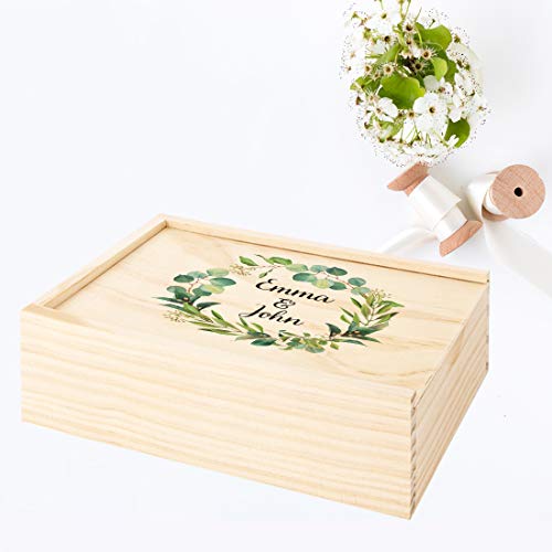Koyal Wholesale Custom Eucalyptus Wreath Couple Names Wedding Keepsake Box, 4 x 6 -inch, Natural Wood - color: Eucalyptus Wreath