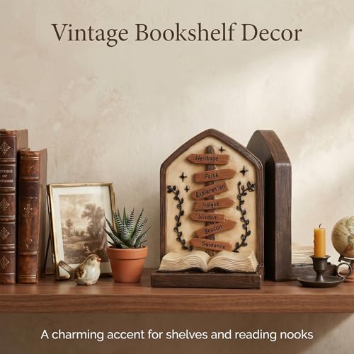 Bookends Set of 2 Resin Decorative Book Ends with Inspirational Signpost and Open Book Design, Distressed Library Decor for Bookshelf Office Study Shelf Display