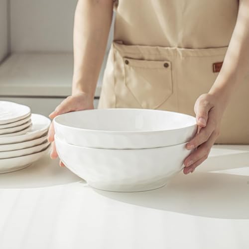 HOMBENE Large Pasta Bowls Set of 2, 9 Inch Pasta Serving Bowl Dinner Bowls, Wide and Shallow Microwave Dishwasher Safe Bowl Set of 2 - color: White, size: 9.5 IN