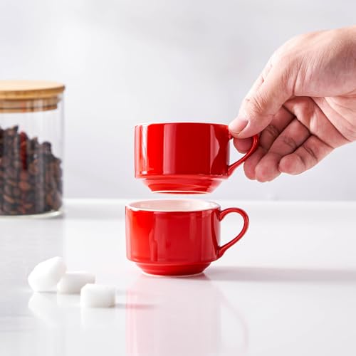 2.5oz Espresso Cups Set of 4, Small Stackable Coffee Cups with Saucers and Metal Stand, Ceramic Demitasse Cups, Cappuccino Cups for Coffee Drinks, Latte, Red - color: Red, size: 2.5oz