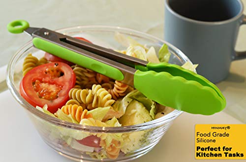 HINMAY Silicone Tongs 9" Stainless Steel Kitchen Tongs, Set of 3 (Green) - color: Green