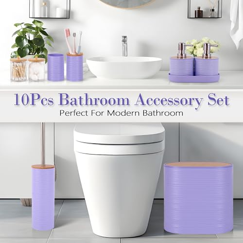 10 PCS Purple Bathroom Accessories Set with Trash Can Bathroom Accessory | All-in-One Kit with Trash Can,Toothbrush Holder,Soap Dispenser,Toothbrush Cup,Vanity Tray,Soap Dish,Toilet Brush etc for Home - color: Purple