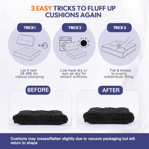 idee-home Recliner Cushions with Lumbar Support Pillow Set for Elderly | 20x20x5 Inch Recliner Seat Cushion Tufted, Large Square Seat Cushion Non-Slip Reduce Hip & Lumbar Pain - color: Black Seat&lumbar