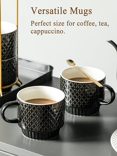 Gomakren Coffee Mugs Set of 4, 13oz Stackable Coffee Cups with Stand, Black | Gloss Embossed Stoneware, Gold Rack & Spoons | for Coffee, Milk, Tea, Cocoa, Daily & Gifting Use | Microwave/Dishwasher Safe - color: Black