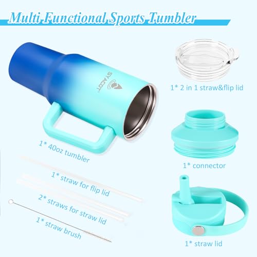 40 oz Tumbler with Handle and Straw or Convert to 40 oz Insulated Water Bottle Fits in Cup Holder. Stainless Steel Metal Water Flask with 2 Lids for Travel,Camping,Gym Sports Coffee Mug Thermal Cup - color: Green Blue Gradient