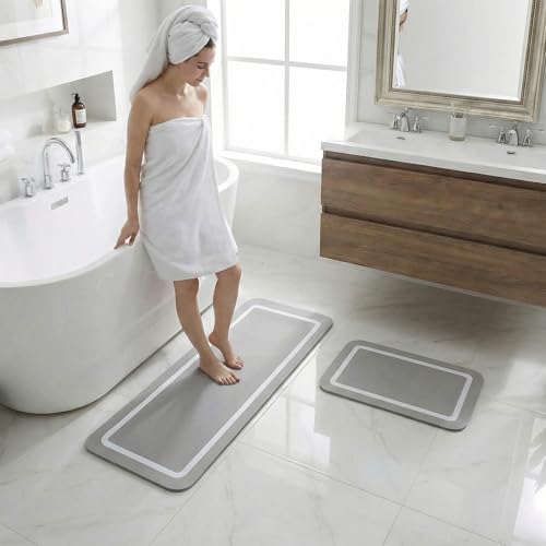 Gray Super Absorbent Bath Mat Set, Soft Diatomaceous Earth Bath Mat, Washable Non Slip Quick Dry Bathroom Mats, 15.74" x 23.62" Plus 15.74" x 47.2"